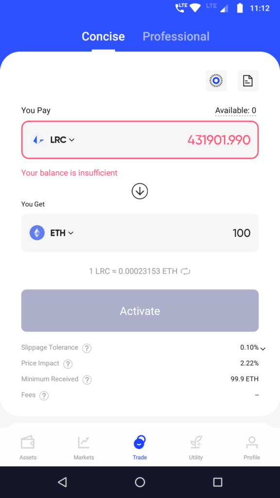 Loopring wallet app trading screen