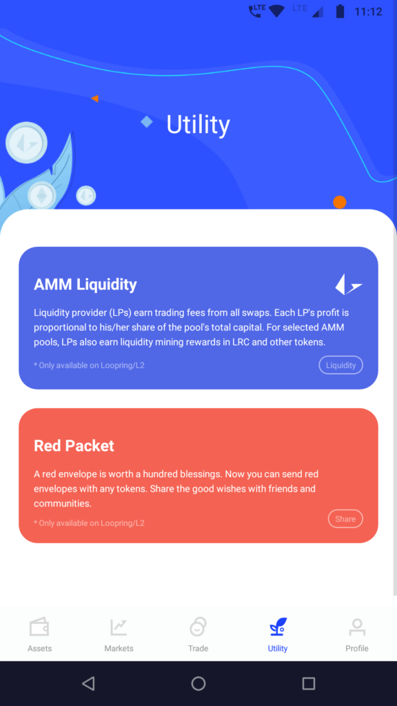 Loopring wallet app utility screen