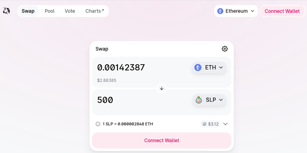 Uniswap's interface showing SLP to ETH conversion