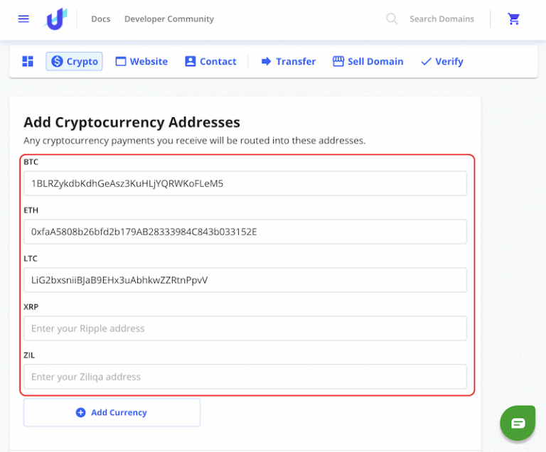 Add cryptocurrency adresses