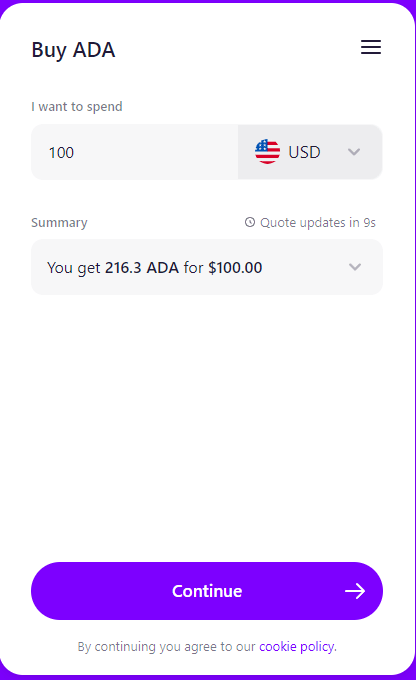 MoonPay buying process selecting amount in USD