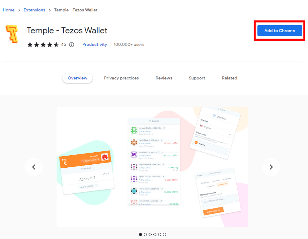 Temple - Tezos Wallet Google Chrome extension installation