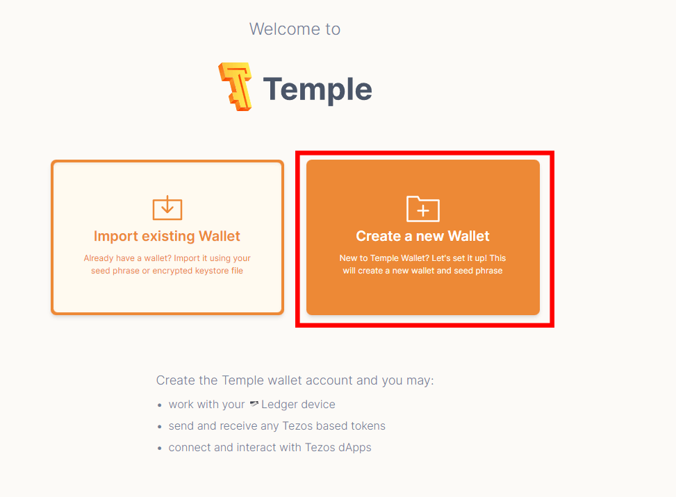 Temple Wallet set up screen