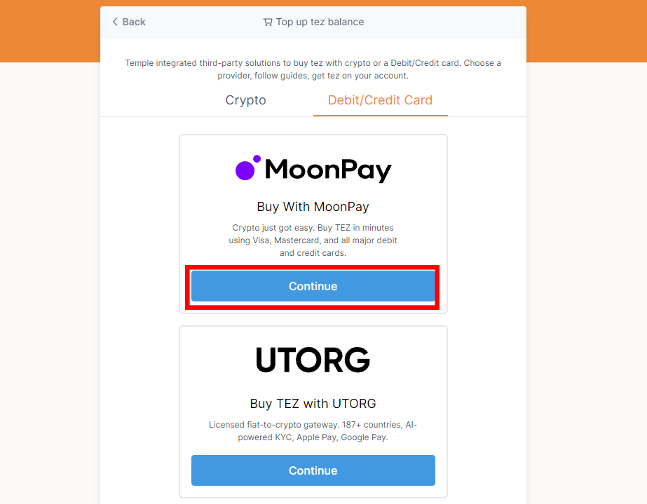 Buying XTZ with credit/debit card