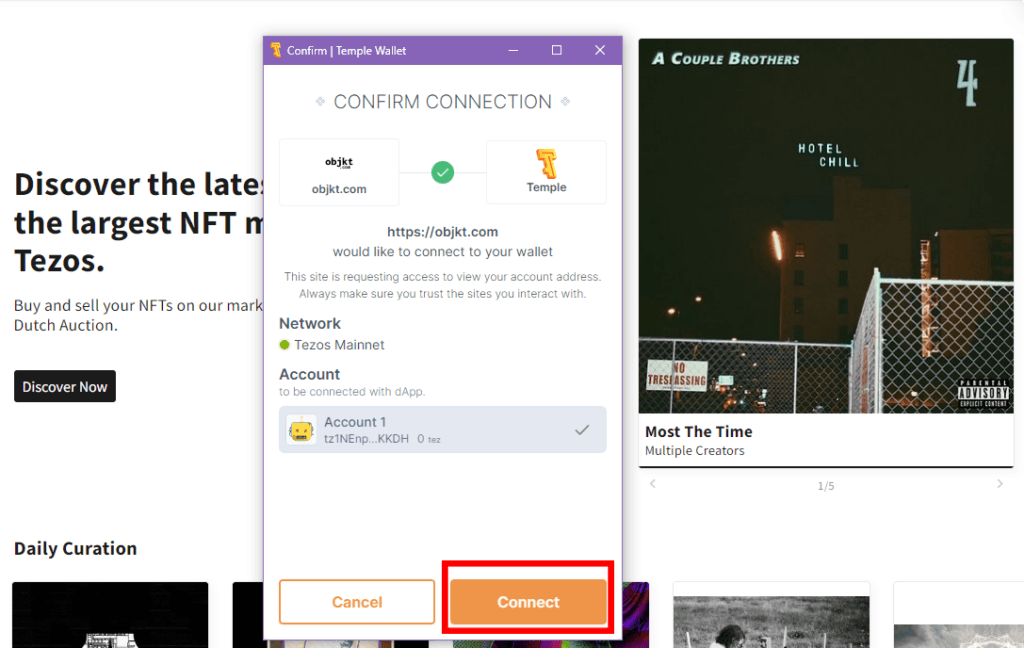 Select Connect on Temple Wallet