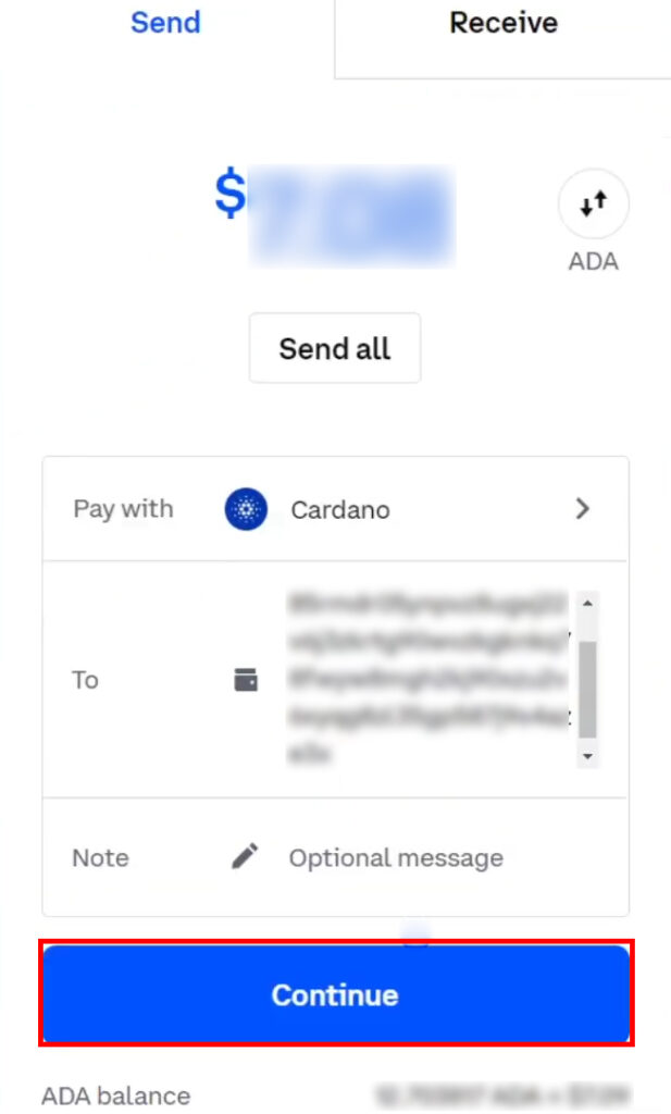 Sending ADA to a crypto wallet