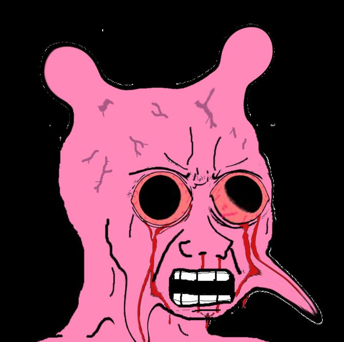 a pink-tinted variation of the character Wojak depicted with bleeding eyes