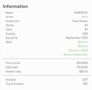 Every Rare Pepe has an information sheet on pepe.wtf that provides key data points