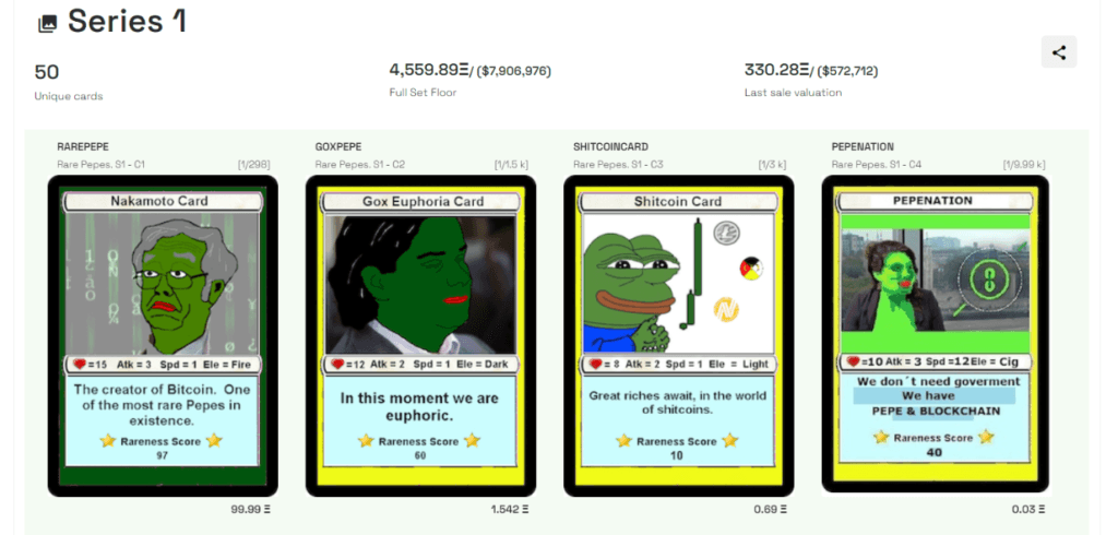 Four of the Series 1 Pepe, the Frog NFTs that date back to 2016