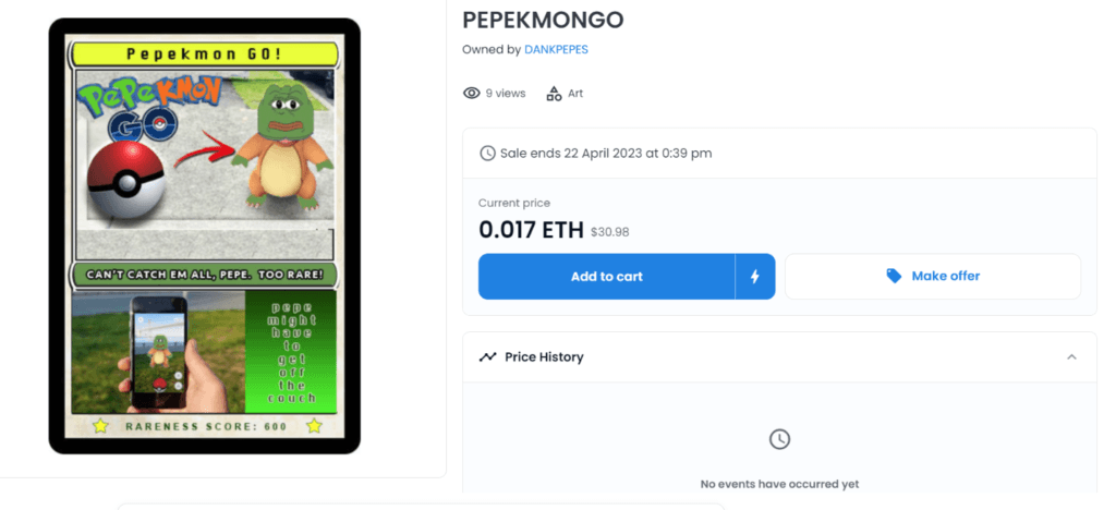 PEPEKMONGO on Emblem Vault with a current price of around 3x the estimated value shown on pepe.wtf