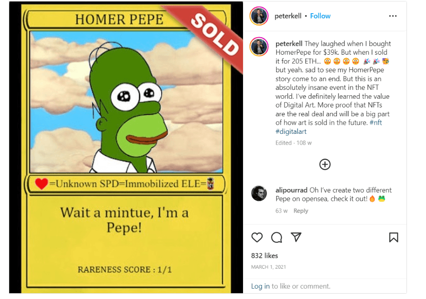The Home Pepe is a 1:1 Rare Pepe that sold for over $300k