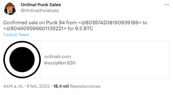 According to the Ordinal Punk Sales Bot OrdinalPunk 620 sold for BTC 9.5 in February 2023.