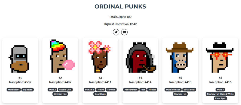 The Ordinal Punks is a collection of 100 CryptoPunk-style Ordinal NFTs.