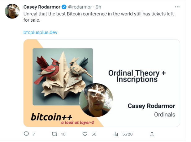Casey Rodarmor created the Ordinal Protocol and often Tweets about Bitcoin-related events and topics.