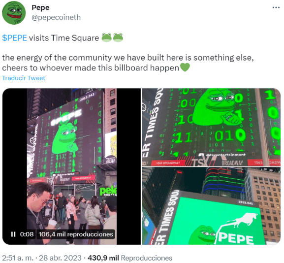 Pepe appears in Time Square on April 28th, and $PEPE skyrockets.