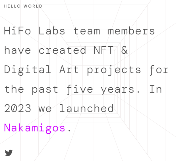 The Hifo Labs website consists of one page, a couple of sentences, and a link to the Nakamigos Twitter page.