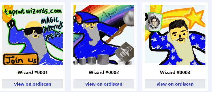 The Taproot Wizards is a JPEG collection on Bitcoin, most of which have been distributed to members of the wizard community randomly.