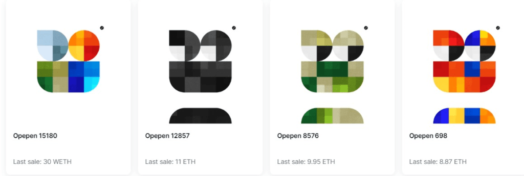 Opepen #15180 from set 004 sold for over $50k, while the black and white Opepen #12857 was traded for ETH 11 ($20k). 
